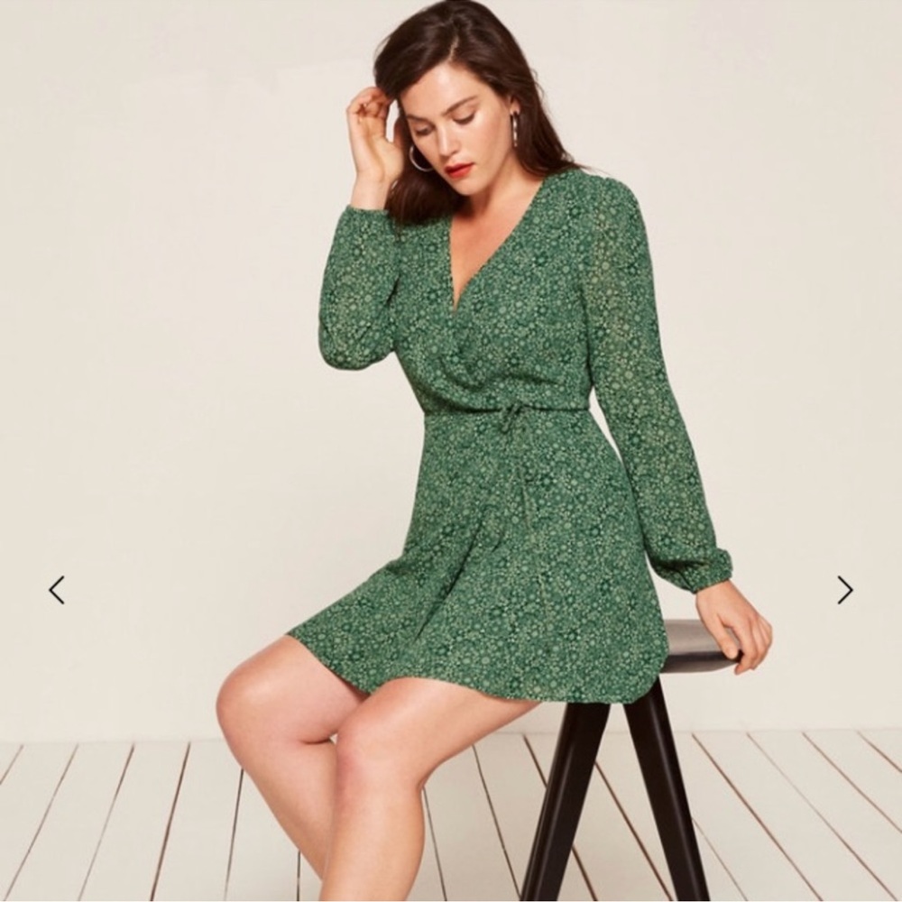 Reformation Green Rosebud Floral Wrap Dress